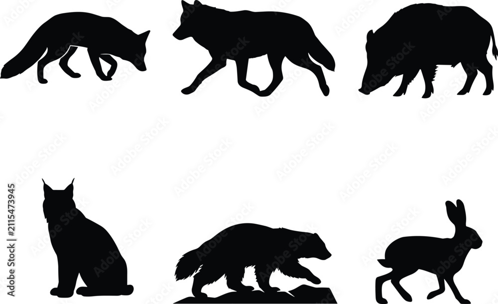 Fototapeta premium Black Silhouette Icons of Wild Mammals Including Fox, Wolf, Boar, Lynx, Wolverine, and Hare