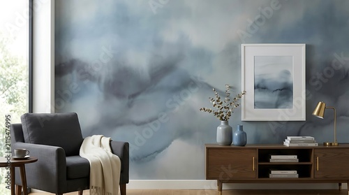 Modern minimalist living room interior with blue abstract watercolor wallpaper and gray armchair