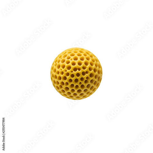 Yellow Porous Spherical Object with Honeycomb Hole Texture Isolated on a Solid Transparent Background
