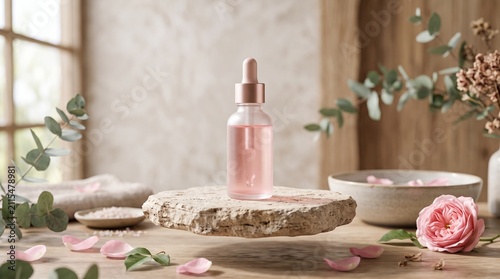 A pink serum dropper bottle sits on a floating stone pedestal, surrounded by rose petals and eucalyptus in a serene, natural spa setting.