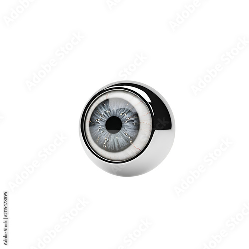 High-Tech Cybernetic Eye with Blue Iris in Metallic Casing Isolated on Solid Transparent Background
