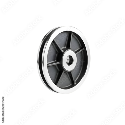 Industrial Steel Pulley Wheel for Belt Drive System Isolated on Transparent Background with Chrome Finish