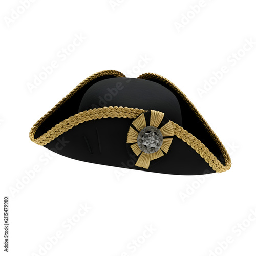 Vintage Napoleonic Era Bicorne Hat with Gold Braided Trim and Cockade Isolated on Transparent Background