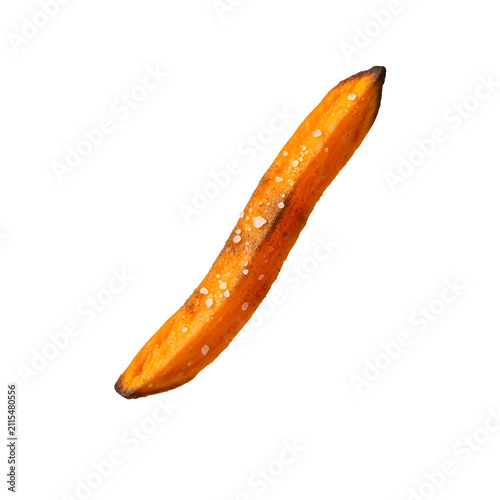 Single Crispy Roasted Sweet Potato Fry with Sea Salt Isolated on Plain Transparent Background