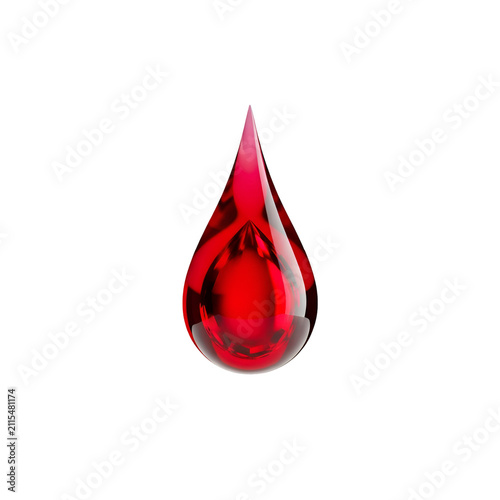 Single realistic red blood drop or liquid droplet isolated on transparent background for medical design
