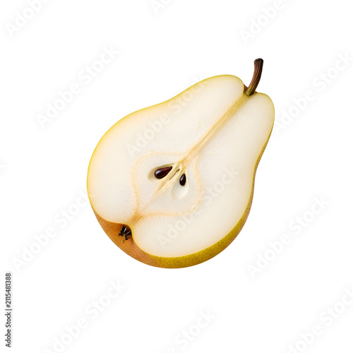 Single fresh half yellow pear with seeds isolated on transparent background, minimalist fruit concept