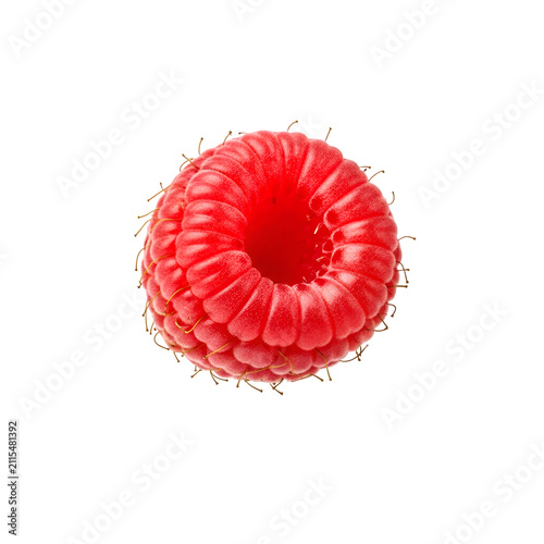 Macro shot of a single fresh red raspberry isolated on a solid transparent background for premium food design