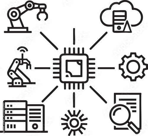 Connected digital factory technology ecosystem icon with technology