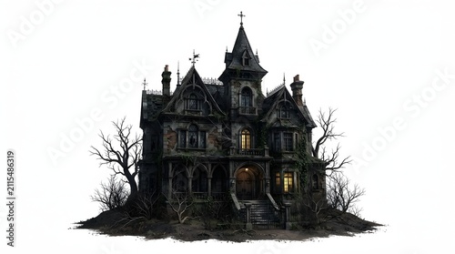 Fototapeta kuchenna Spooky Victorian haunted house illustration with gothic architecture, eerie glowing windows, and dead trees isolated on a white background