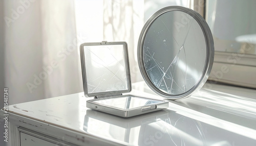 Two broken mirrors, one compact and one round, resting on a white dresser in a sunlit room, symbolizing fragility and misfortune.