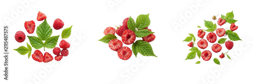 Cuadro en lienzo Fresh Raspberry Slices and Whole Berries with Green Leaves Isolated Set, Sweet R
