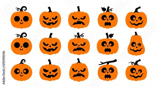 Set of cute and spooky hand drawn halloween pumpkin illustrations with various funny facial expressions on white background