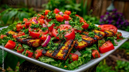 Grilled Tofu Salad with Fresh Tomato Salsa and Herbs in Soft Natural Garden Light