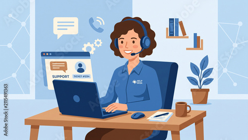 Friendly Customer Support Agent Wearing Headset in Modern Office Illustration