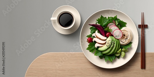 Healthy salad with avocado and coffee cup on minimalist table during morning light