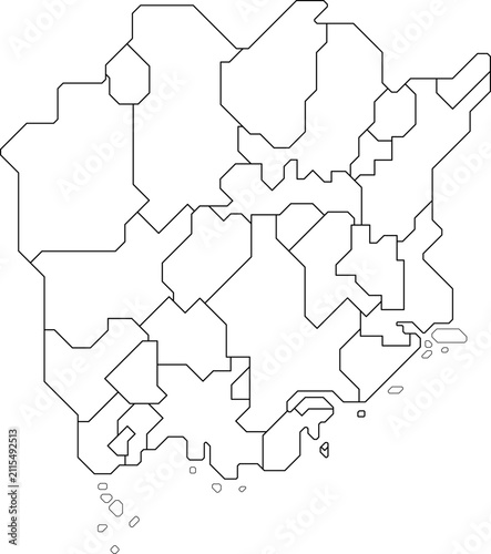 Plakat 岡山県の境界線を描いたシンプルな白黒の地図ラインアート