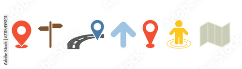 Map Navigation Icons: A collection of intuitive icons representing navigation, location, and travel, including map pins, a road, direction signs, an arrow, and a person standing.