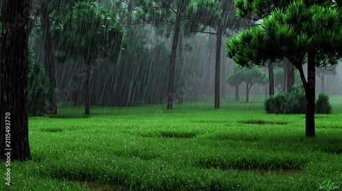 Lush green meadow under a heavy downpour in a dense pine forest during a storm
