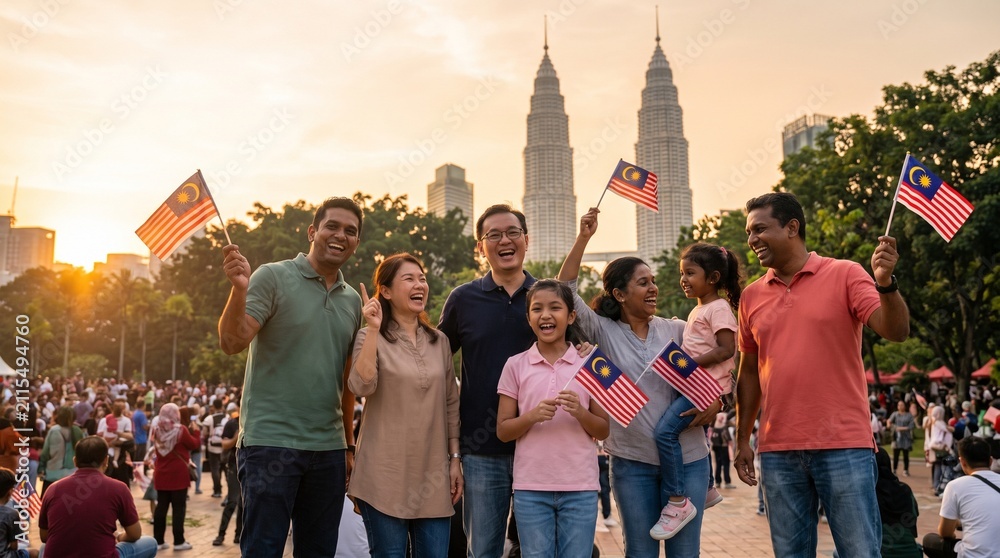 Fototapeta premium Happy multi-ethnic family celebrating Malaysia National Day in Kuala Lumpur park with flags.