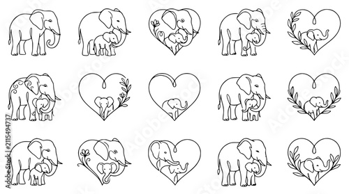 Photography Elephant Family Love Line Art: Mother and Baby Elephants in Heart Shapes