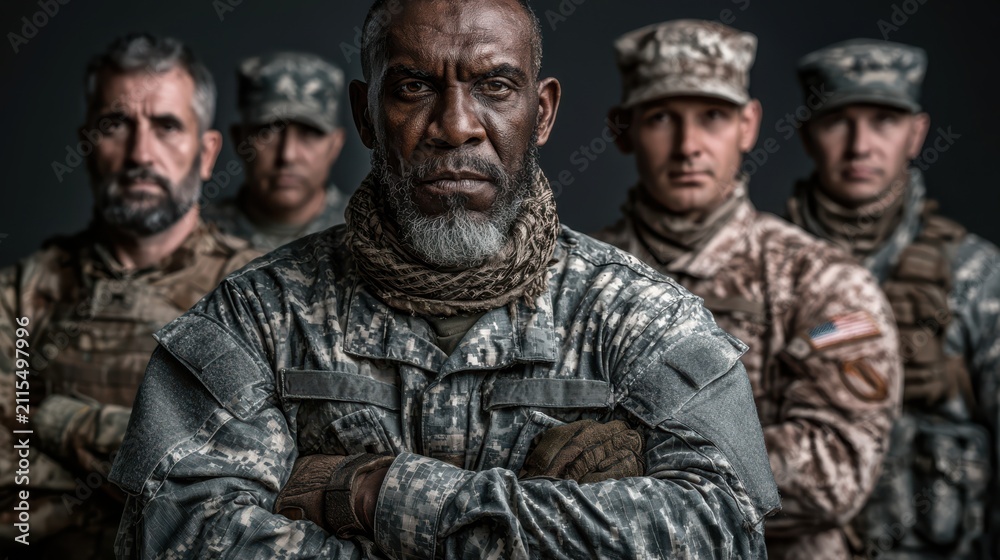Fototapeta premium A group of five serious soldiers in military uniforms stand united, with one soldier prominently in front, conveying strength and readiness.