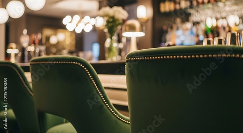 Green chairs in a restaurant interior.