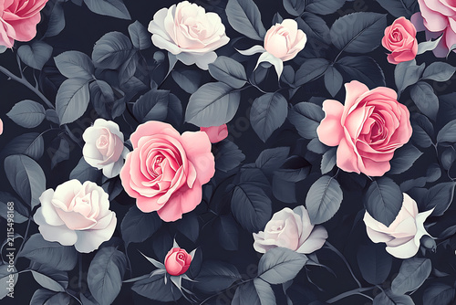 Vintage pink rose floral pattern on dark background.