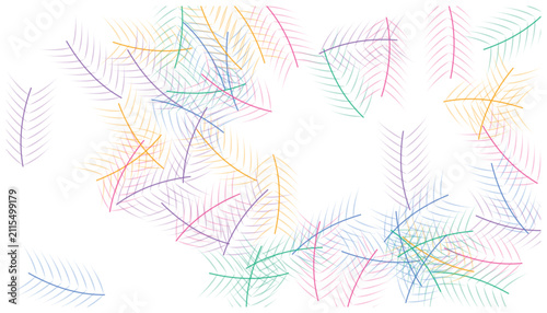 Konstfotografi Abstract background with scattered colorful feather-like leaves on white, symbolizing lightness and freedom