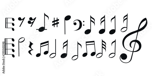 Music notes icons set. Musical notes in various shapes. Music elements, vector set.