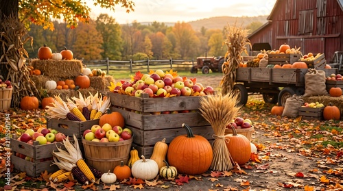 A outdoor rustic autumn harvest display featuring wooden crates filled with red apples, pumpkins, squash, and corn husks near a barn.