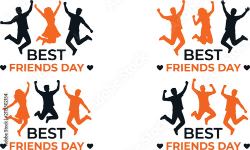 Happy Best Friends Day 2026: A Set of Four Cheerful Silhouette Vector Illustrations Featuring Joyful Friends Jumping and Celebrating Together, Isolated on a Clean White Background