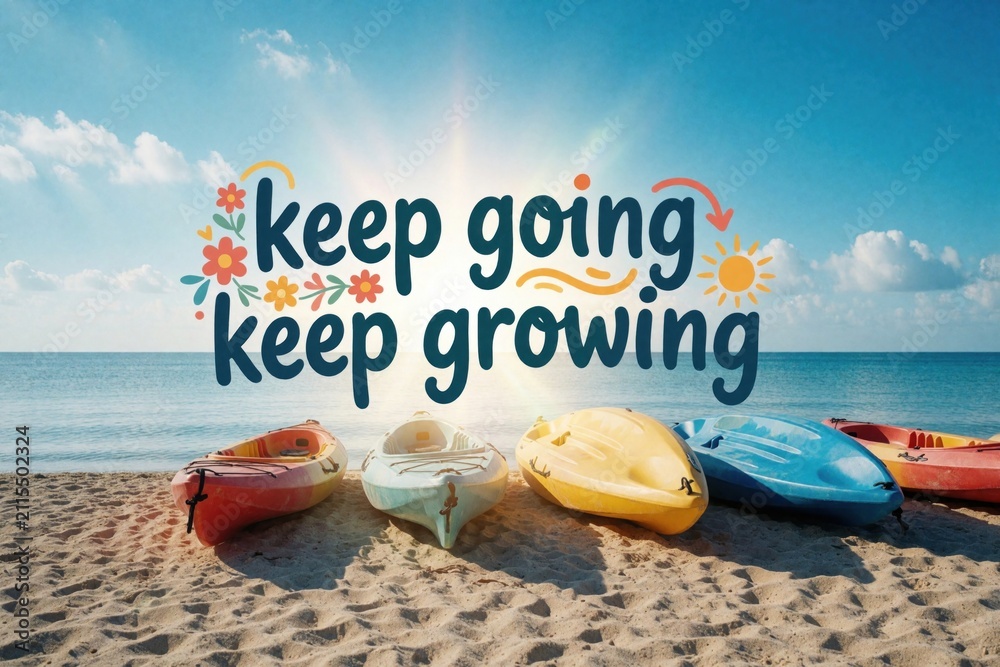 Fototapeta premium Colorful kayaks rest on sand beach at seaside under bright blue sky. Positive text keep going keep growing appears over sunny ocean horizon. Motivational message inspires personal development,