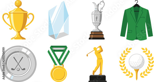 Canvastavla Golf Trophy and Award Vector Icon Set Featuring Golden Cup Glass Plaque Claret J