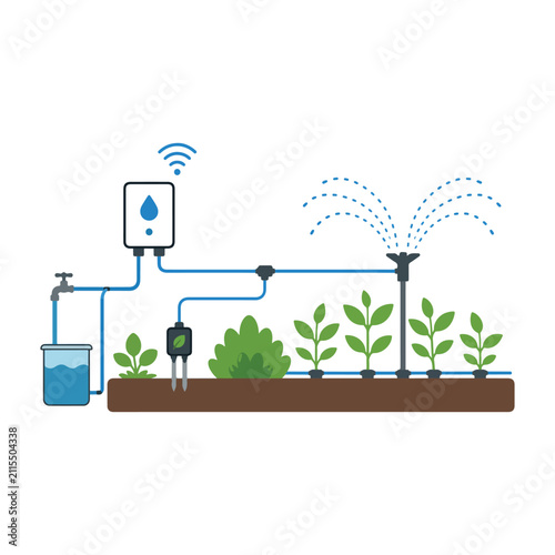Smart Irrigation System Flat Vector Illustration, Automated Garden Watering with Soil Moisture Sensor and Sprinkler.