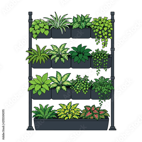 Vertical Garden Rack Vector Illustration, Indoor Plant Shelf with Houseplants for Urban Gardening and Home Decor.