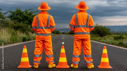 Two road workers in orange safety gear stand on asphalt highway with traffic cones during overcast day
