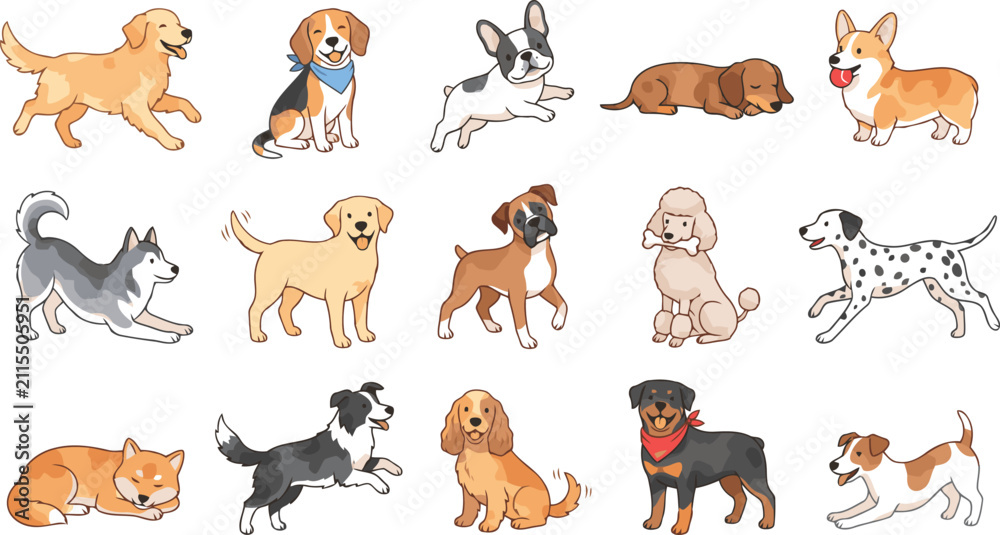 Obraz premium Set of watercolor illustrations featuring various dog breeds on white background
