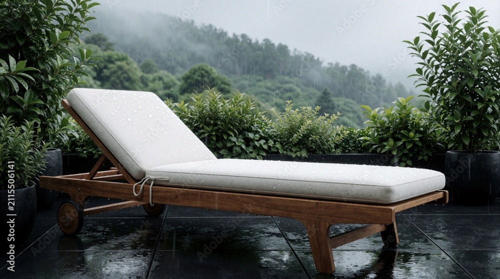 Obraz premium Wooden sun lounger with white mattress sits on wet terrace during rainy day. Green plants surround furniture on balcony. Raindrops fall on dark tile floor near mountain view. Weather changes outdoor