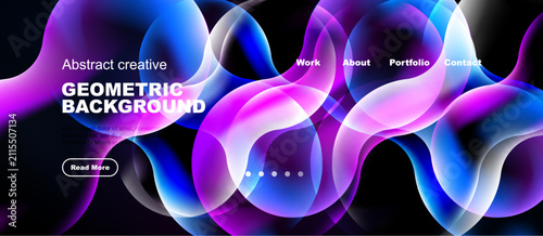 Vibrant abstract waves, geometric shapes, dark background. Website header design with navigation options, text elements.