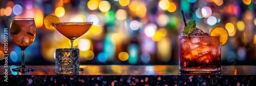 Elegant cocktail selection with bokeh lights martini old fashioned and gin fizz on bar counter