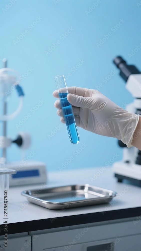 Fototapeta premium Scientist hand wearing white glove holds glass test tube filled with blue liquid in modern science laboratory for medical research and chemical experiments