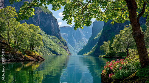 Breathtaking view of a deep blue fjord surrounded by towering mountains and lush forest