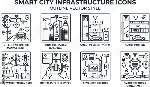 Set of black and white line art vector icons depicting various smart city infrastructure concepts and modern urban technology on white background
