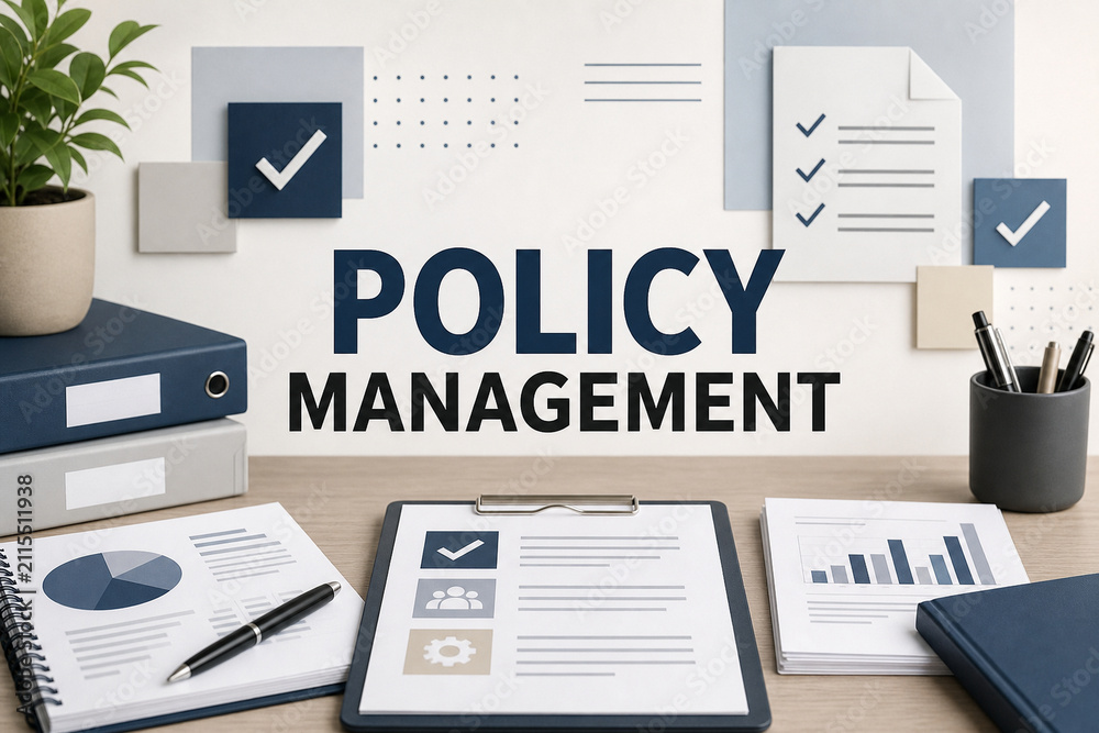 Obraz premium Organized office workspace with policy management text, checklists, reports, folders, charts, clipboard, and approval icons in a clean corporate style.