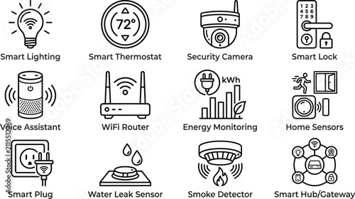 Set of twelve simple black outline icons representing various smart home automation devices and modern internet technology on white background