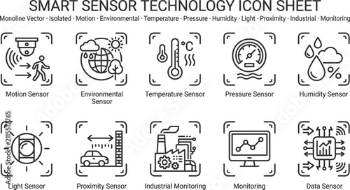 Set of black and white line art icons representing modern smart sensor technology for industrial and environmental monitoring on white background