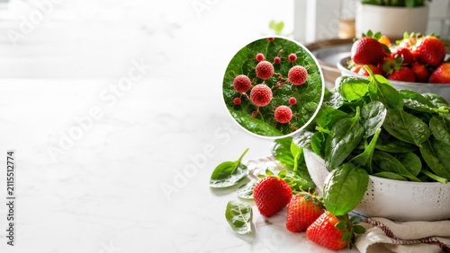Fresh Spinach and Strawberries with Cyclospora Parasite Contamination Concept for Food Safety Awareness