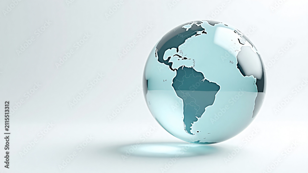 Fototapeta premium Transparent globe inside soccer ball suspended on white background with sharp reflections