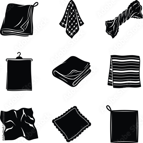 Collection of various fabric towel types and household cloths in a clean graphic illustration