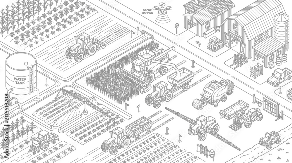 Obraz premium Isometric illustration of a modern farm with tractors, machinery, and crops in a line art style.